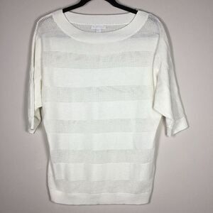 New York & Company White Striped Coastal Casual Open Knit Preppy Twee Sweater S